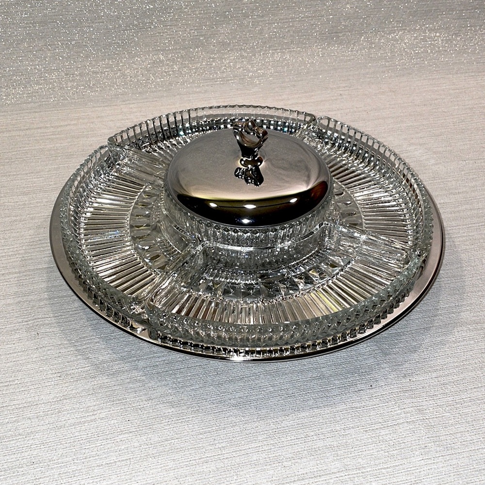 Crudite Spinning Tray, glass & metal with cover for center